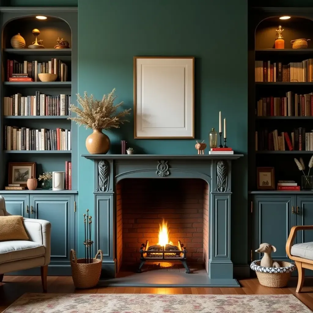 a photo of a cozy fireplace with bookshelves and vintage decor