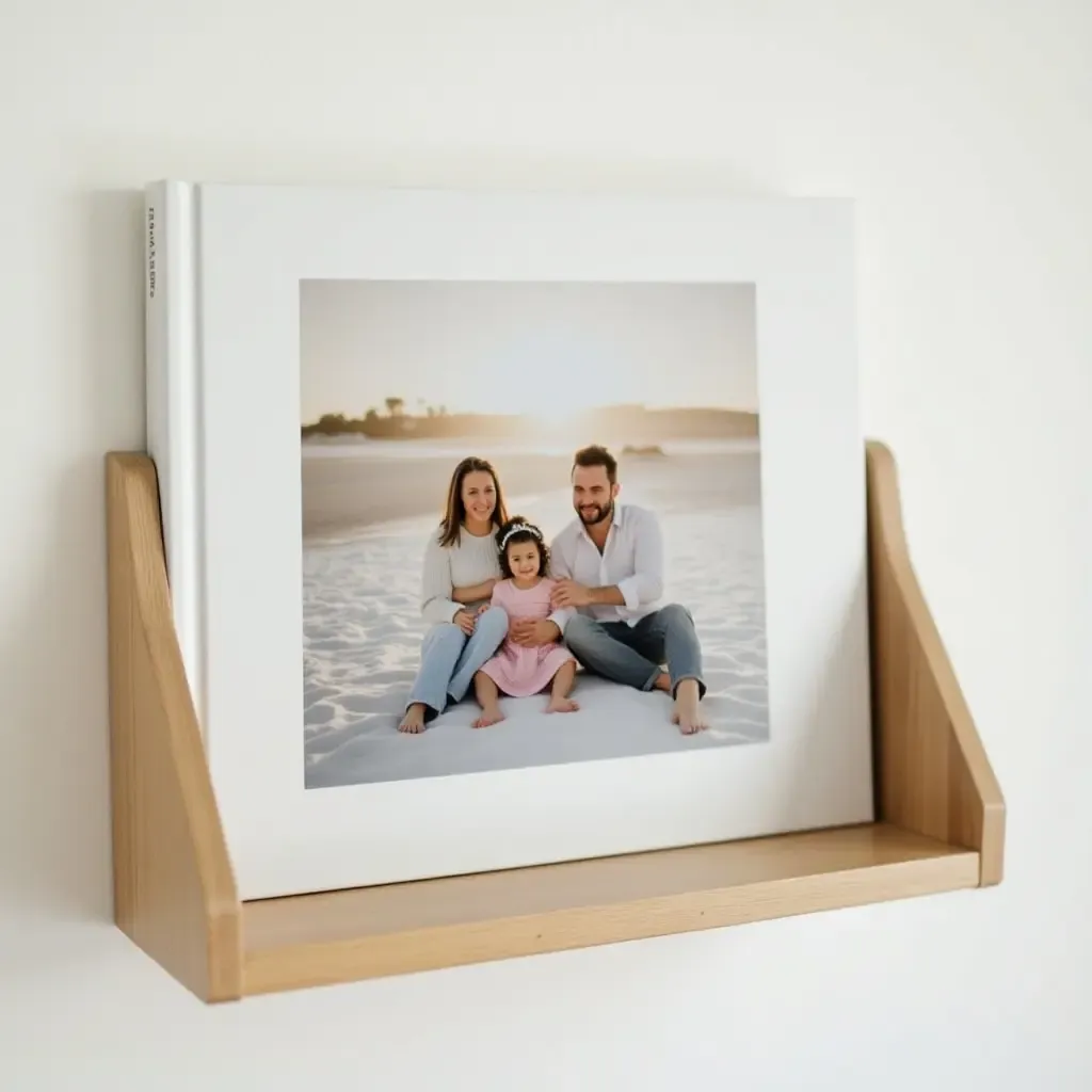 a photo of a personalized photo book displayed on a wall shelf