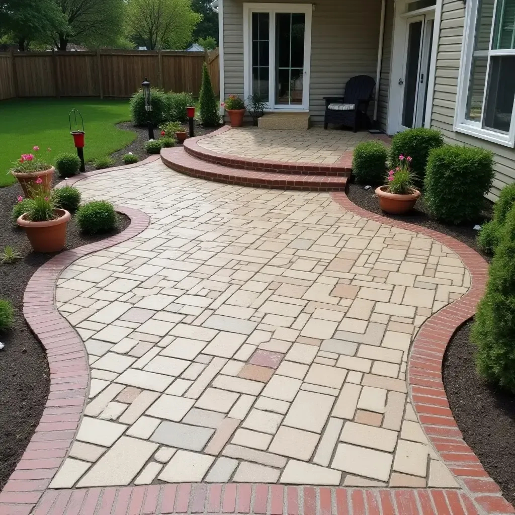 a photo of a concrete patio with a unique stamped design and outdoor rug