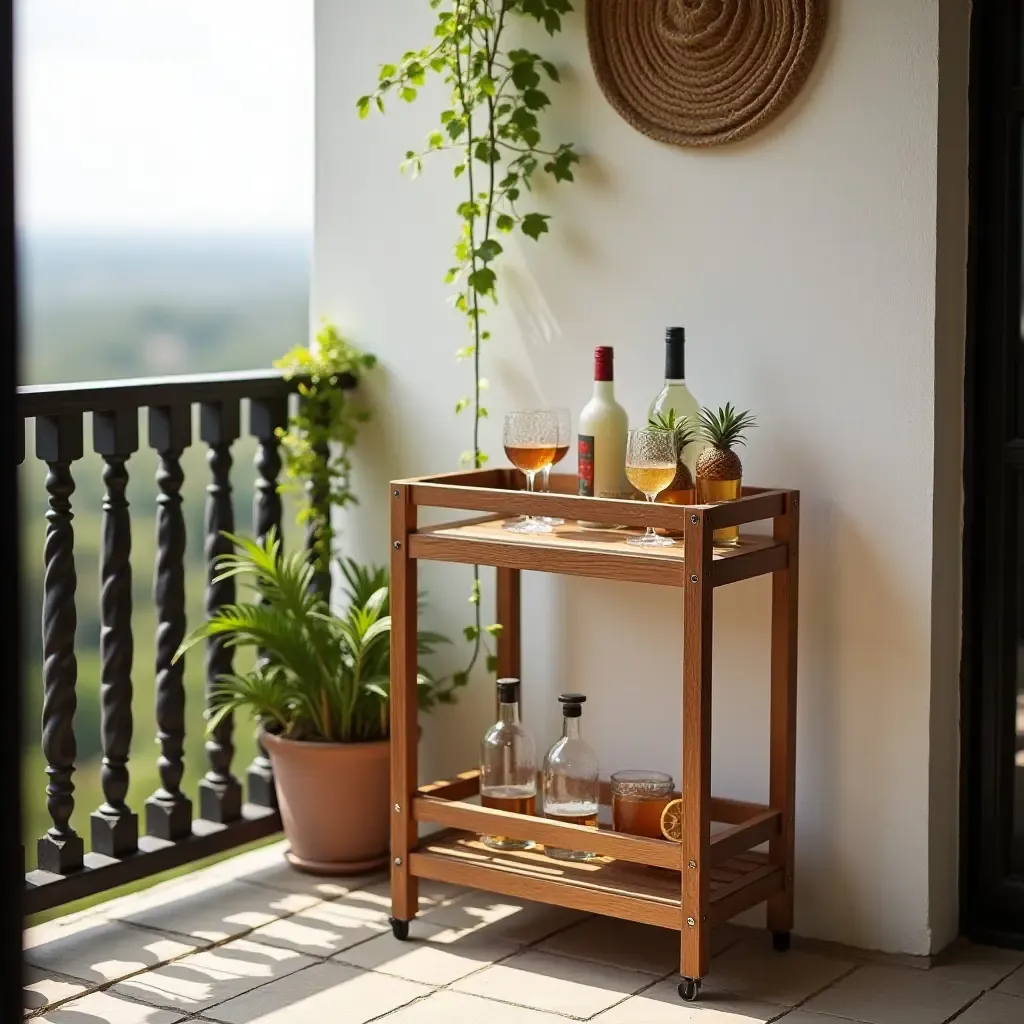 a photo of a balcony featuring a wooden bar cart with drinks