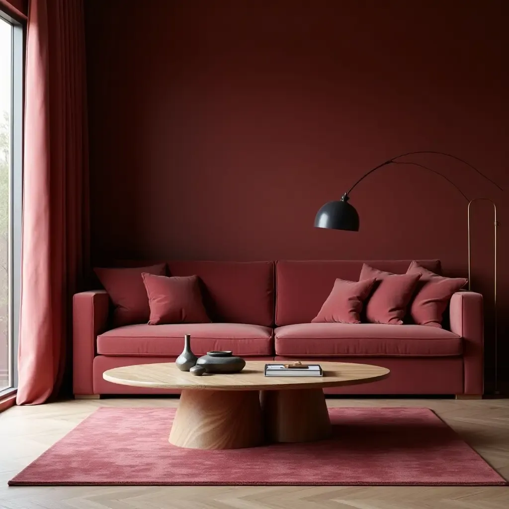 a photo of a maroon living room showcasing a unique coffee table and elegant decor