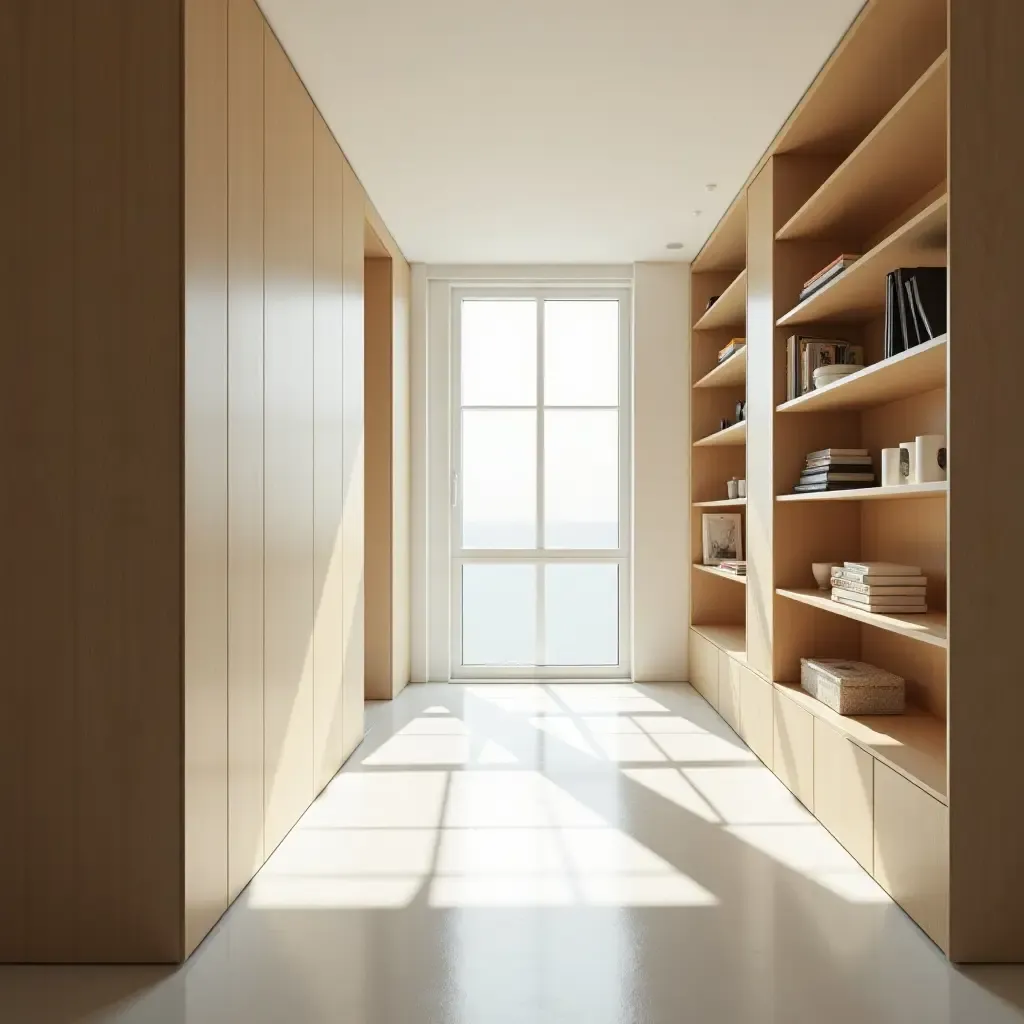 a photo of a bright corridor with open shelving and natural light