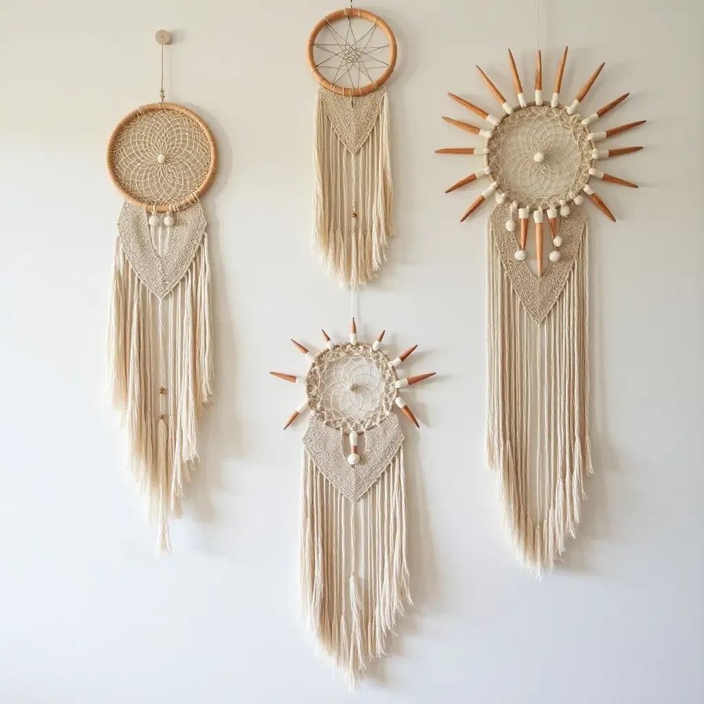 a photo of a wall adorned with dreamcatchers and macrame hangings