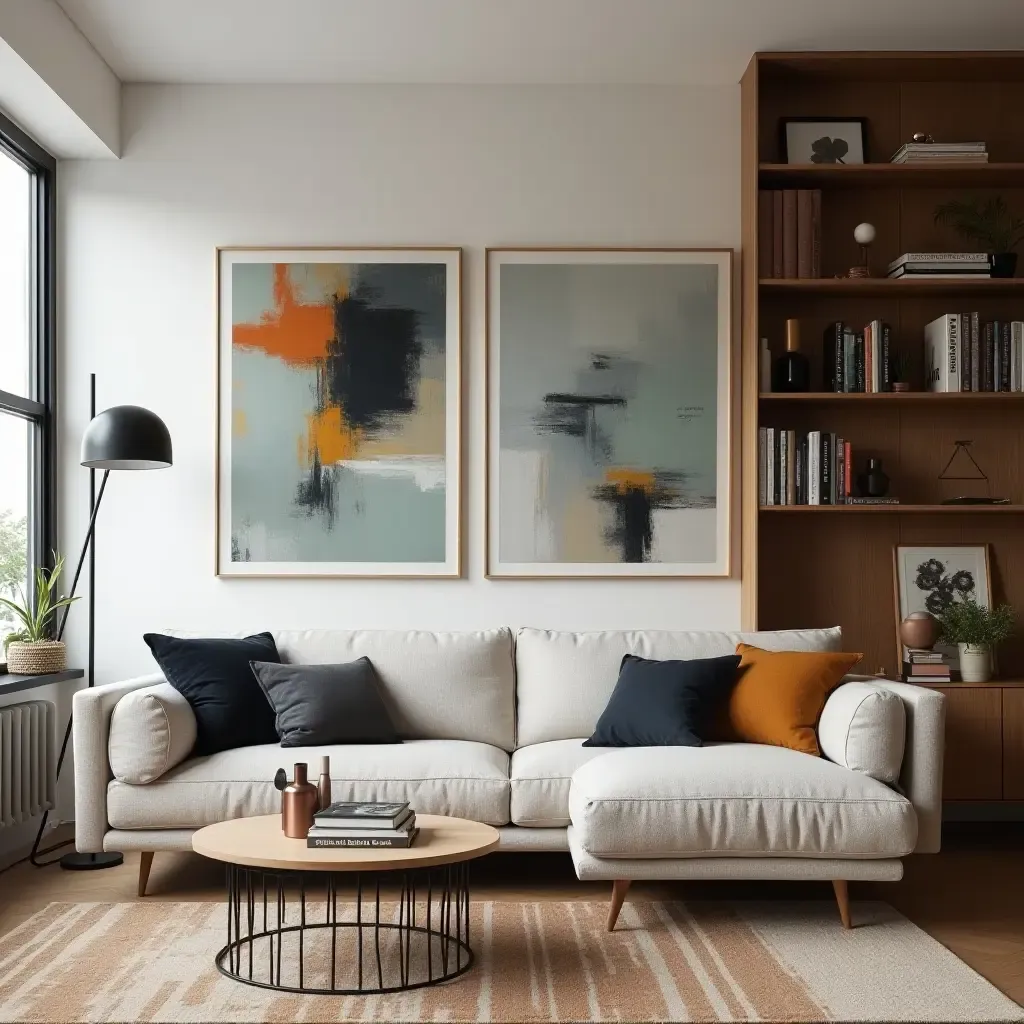 a photo of a cozy modern lounge with a vintage bookshelf and modern abstract paintings