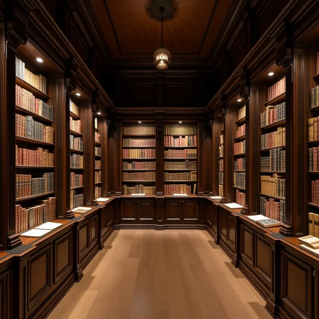 a photo of a library with wooden display cases for rare books