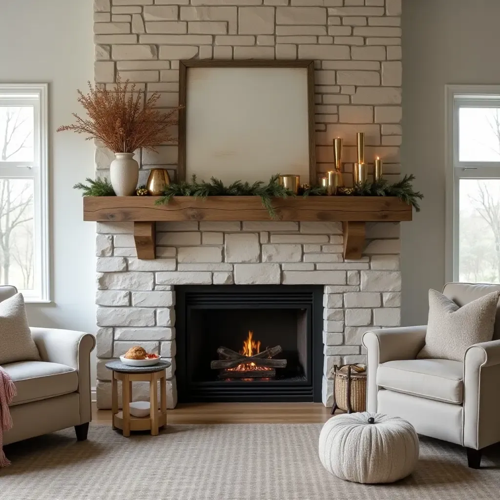 a photo of a living room with a rustic wooden mantle and seasonal decor