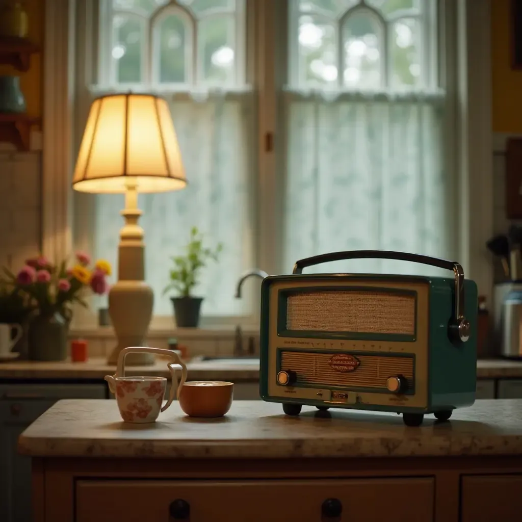 a photo of a vintage kitchen with a retro radio playing soft music