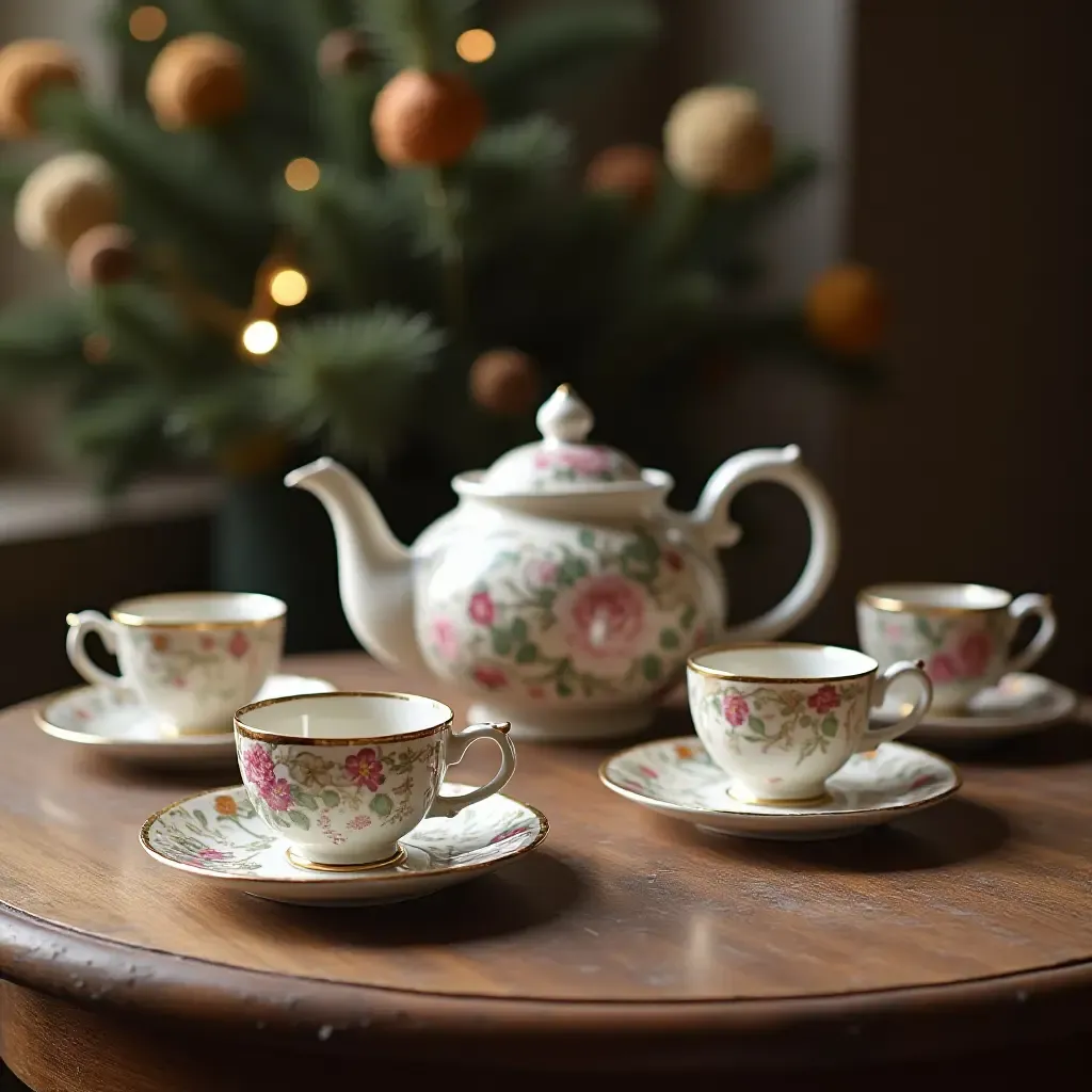 a photo of a tea station with antique teacups and a teapot