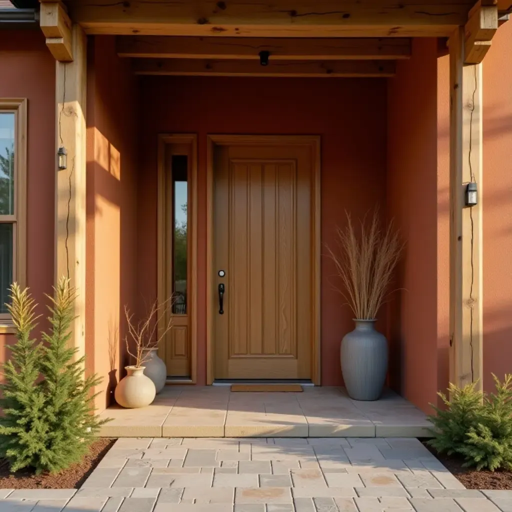 a photo of a rustic entrance with a warm color palette and wooden accents