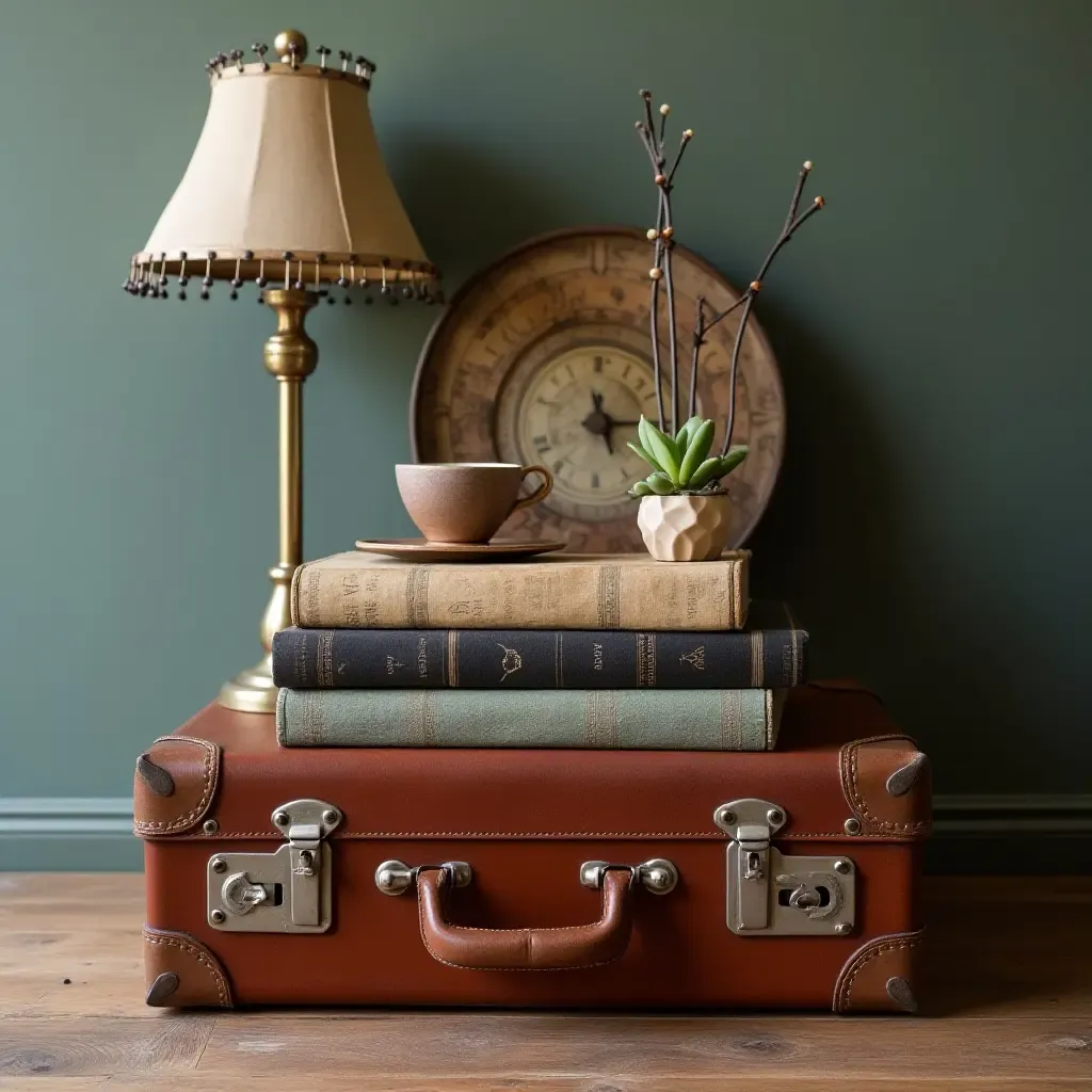 a photo of a vintage suitcase stacked with books and decorative items