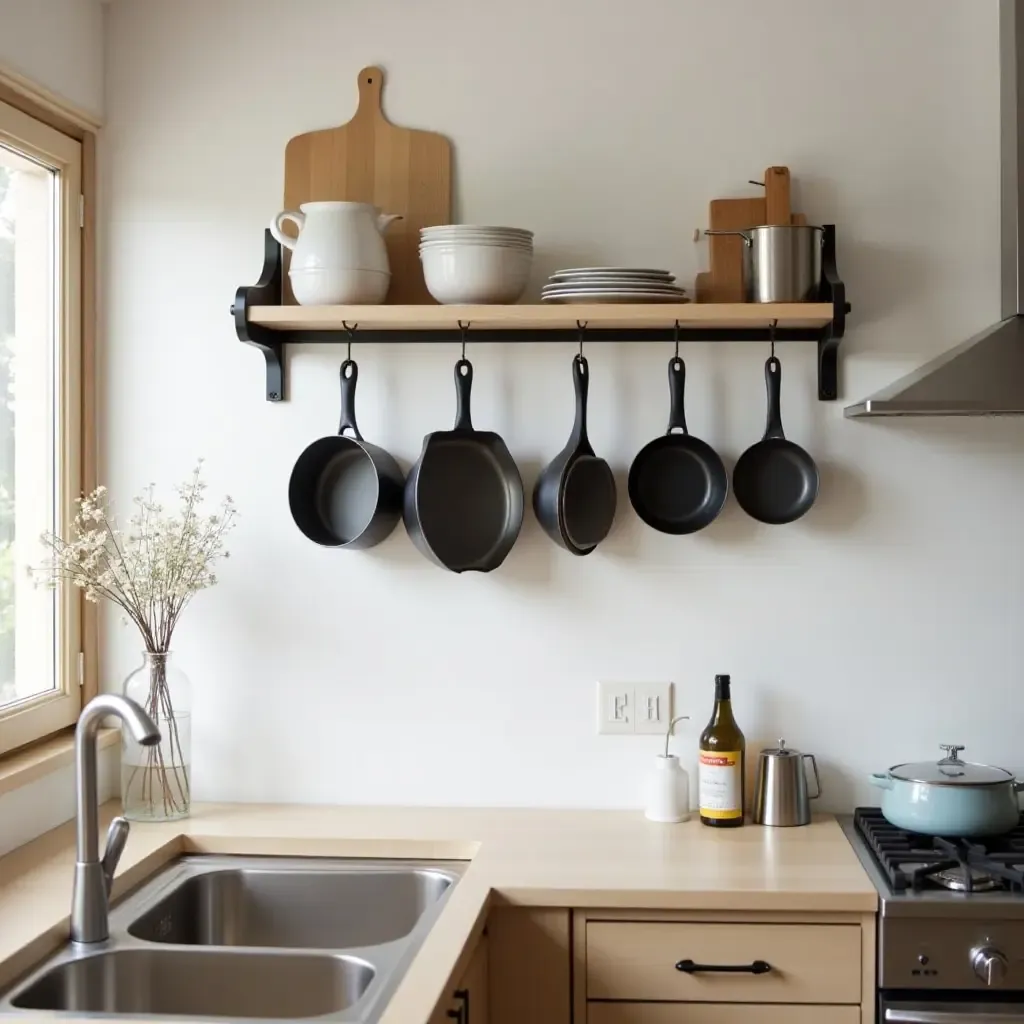 a photo of a wall-mounted metal pot rack in a cozy kitchen