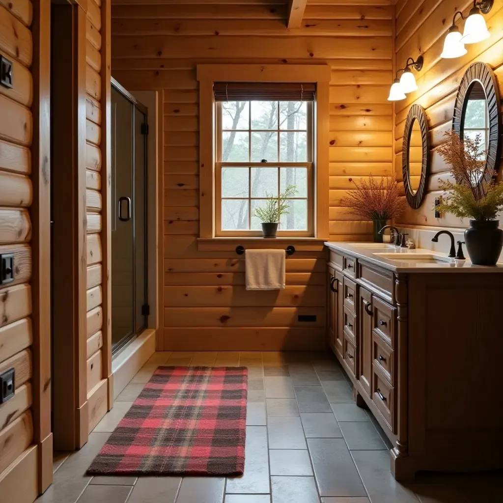 a photo of a rustic plaid rug in a cabin-style bathroom