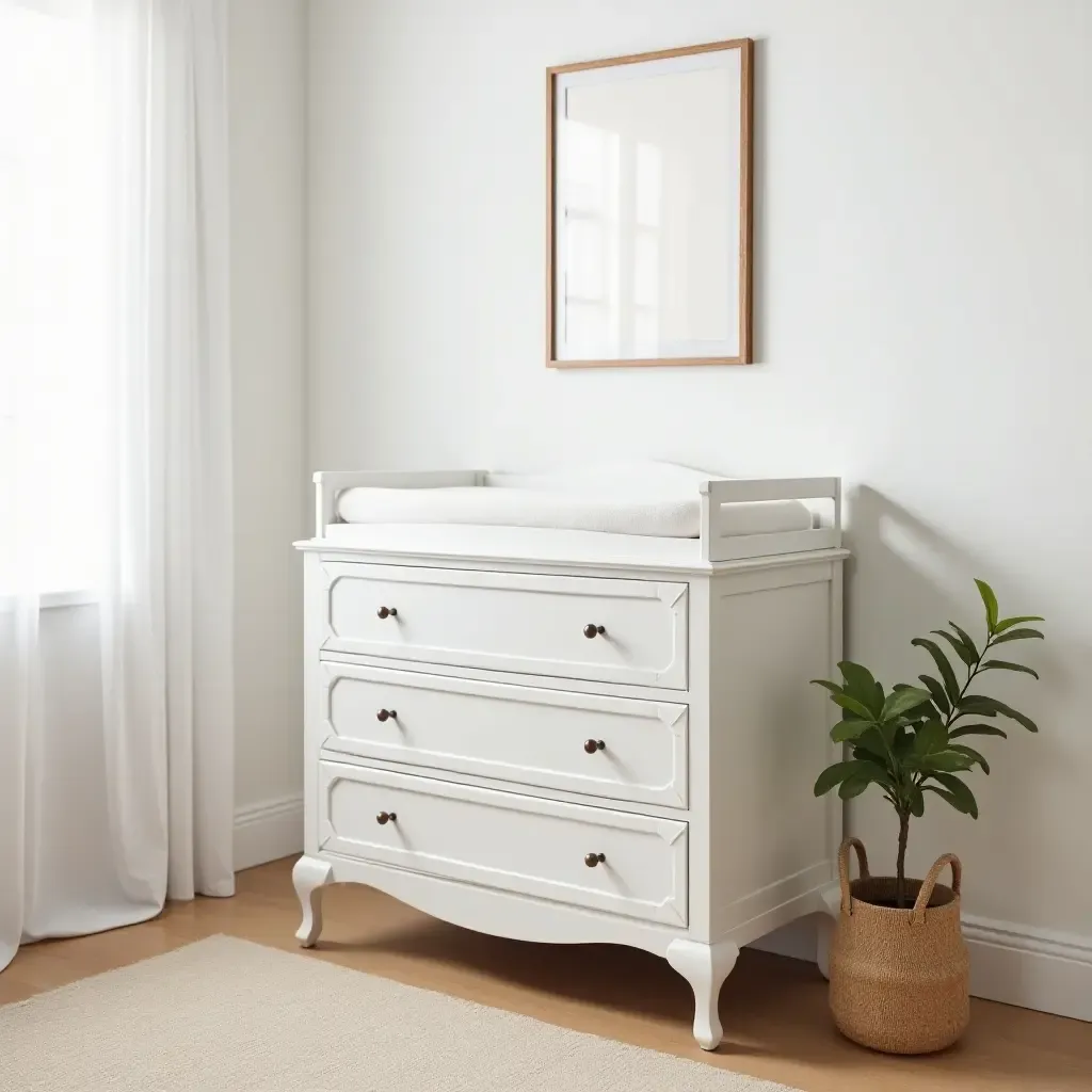 a photo of a nursery showcasing a vintage changing table