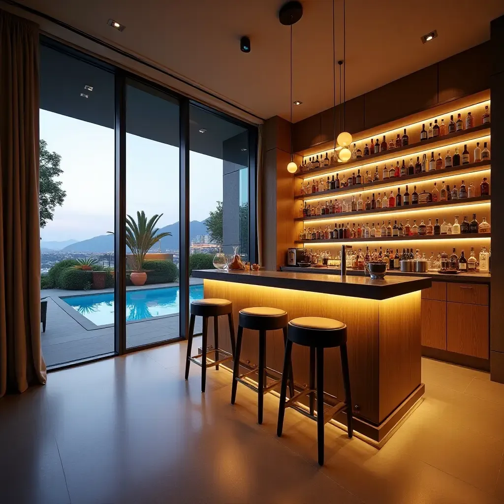 a photo of a chic bar area with a stylish backdrop and pool view