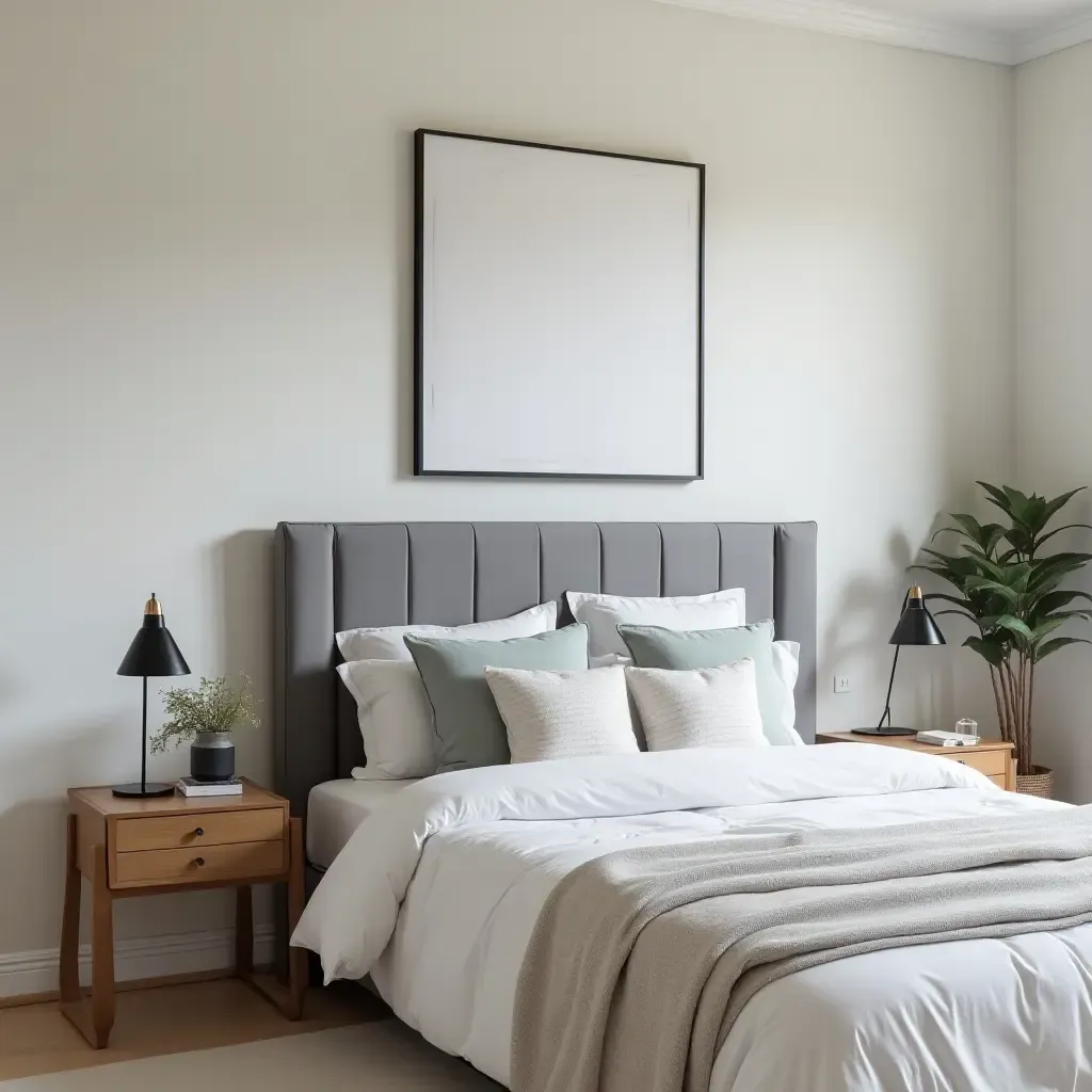 a photo of a minimalist bedroom featuring a chic grey headboard and modern art