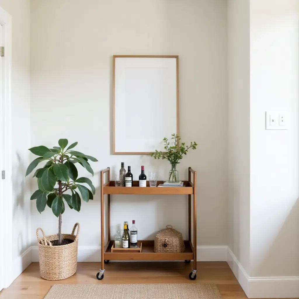 a photo of a vintage bar cart styled in a chic entryway