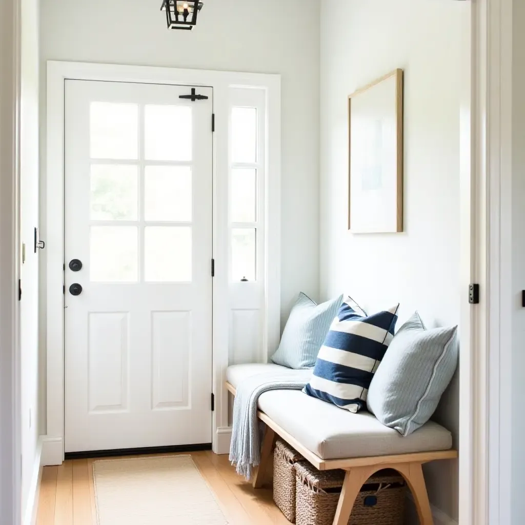 a photo of a coastal-themed entrance hall with nautical throw pillows on a bench