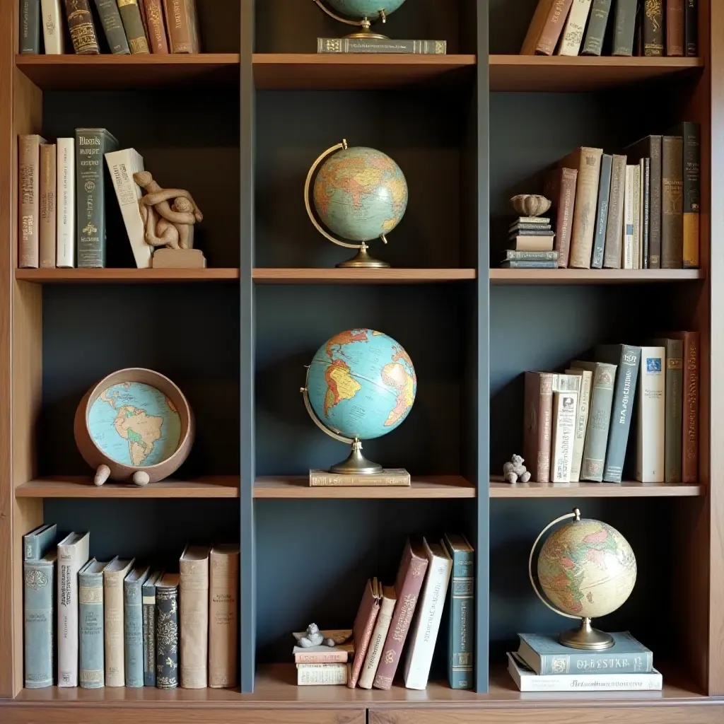 a photo of a bookshelf styled with travel souvenirs and globes