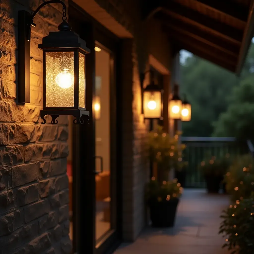 a photo of a balcony with lantern-style pendant lights