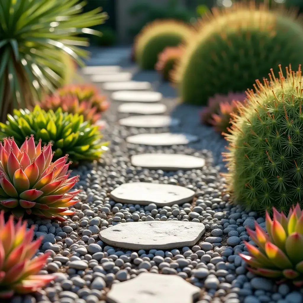 a photo of a garden path lined with vibrant succulents and stones