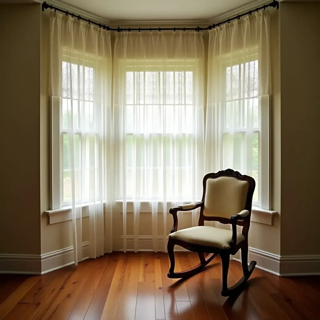 a photo of a bedroom featuring a classic rocking chair and lace curtains