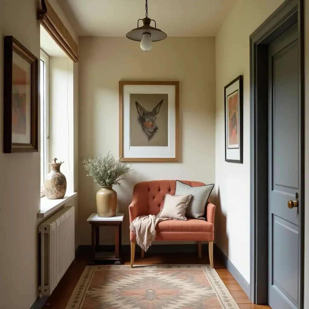 a photo of a cozy reading nook with vintage decor in a corridor