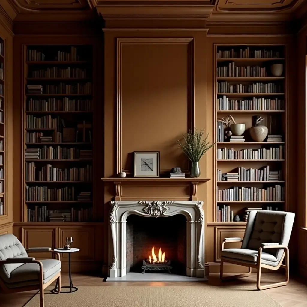 a photo of a library with wooden paneling and a fireplace