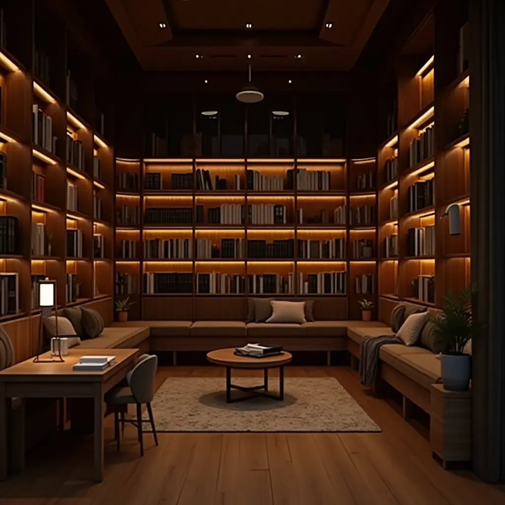 a photo of a cozy library with wooden bookshelves and warm lighting