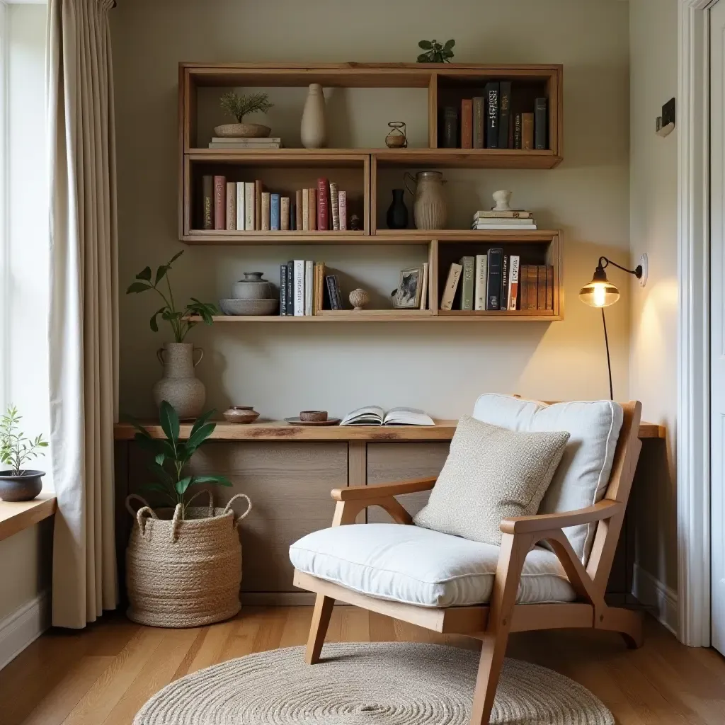 a photo of a cozy reading nook with vintage wall shelves