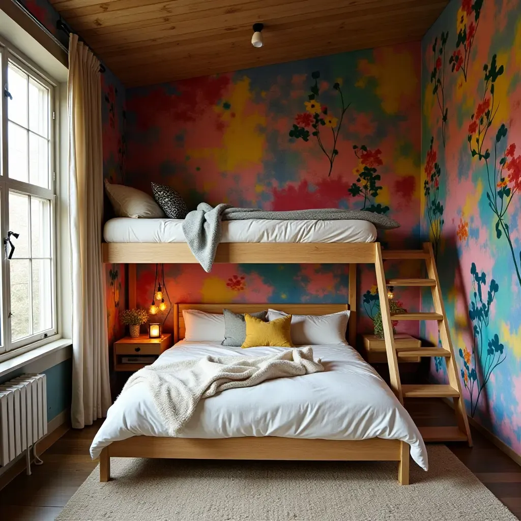 a photo of a loft bed with a vibrant mural and artistic decor