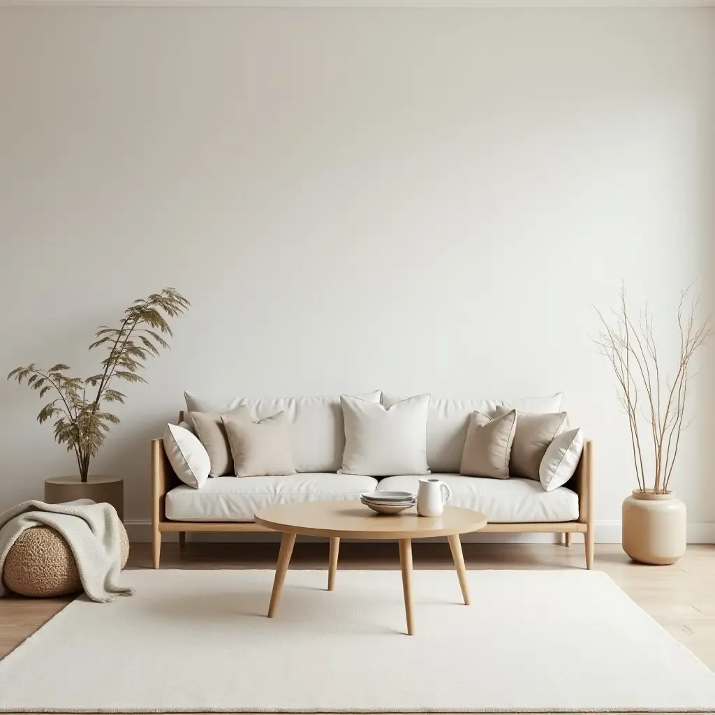 a photo of a Scandinavian-inspired living room with light wood and neutral tones