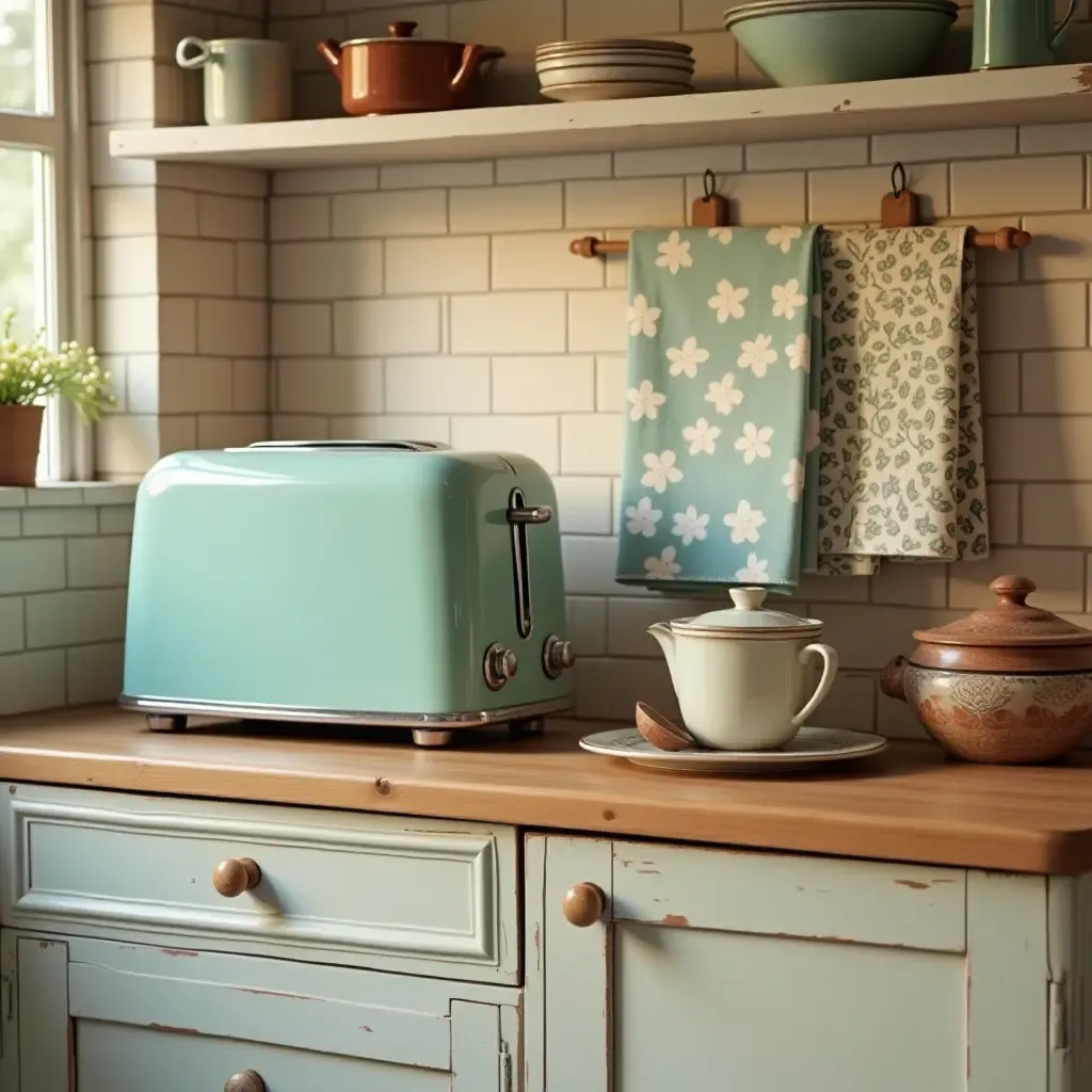 a photo of a nostalgic kitchen with a retro toaster and patterned dish towels