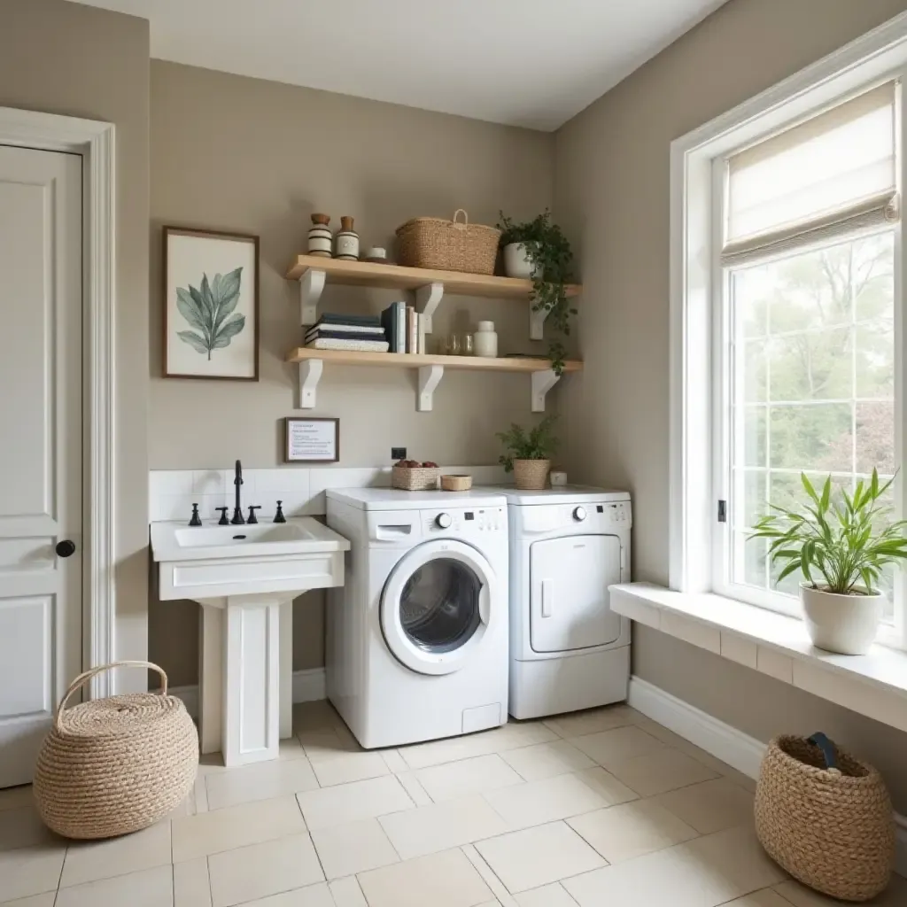 a photo of a laundry room designed with a cozy reading nook