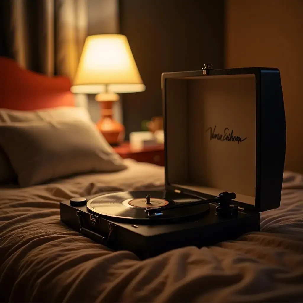 a photo of a cozy bedroom with a vintage record player