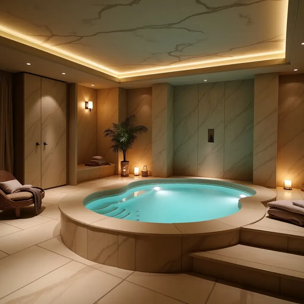 a photo of a luxurious basement spa area with a hot tub and calming decor