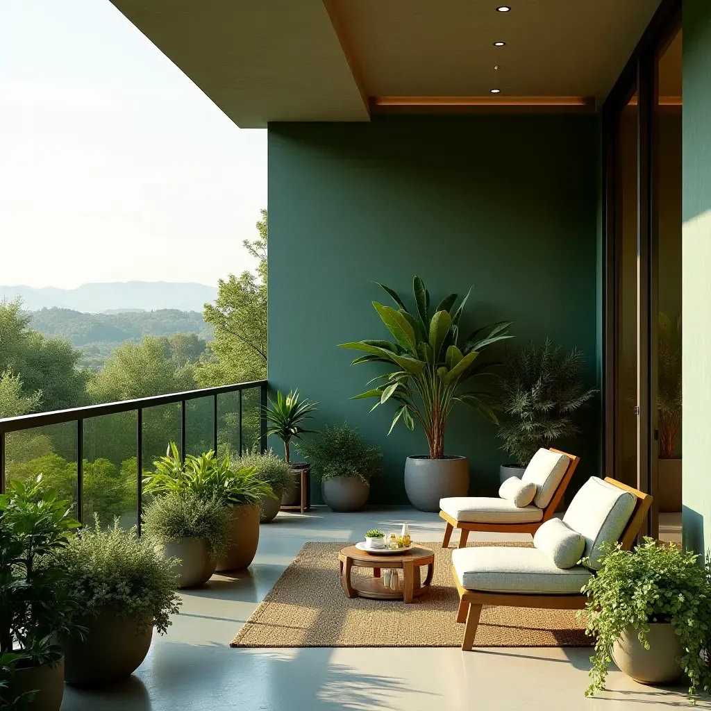 a photo of a balcony featuring a harmonious blend of green and gold