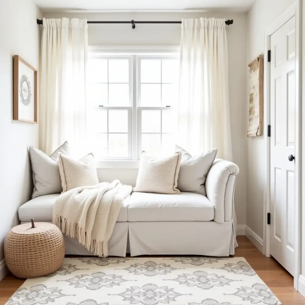 a photo of a cozy reading nook in a nursery with farmhouse decor and plush pillows