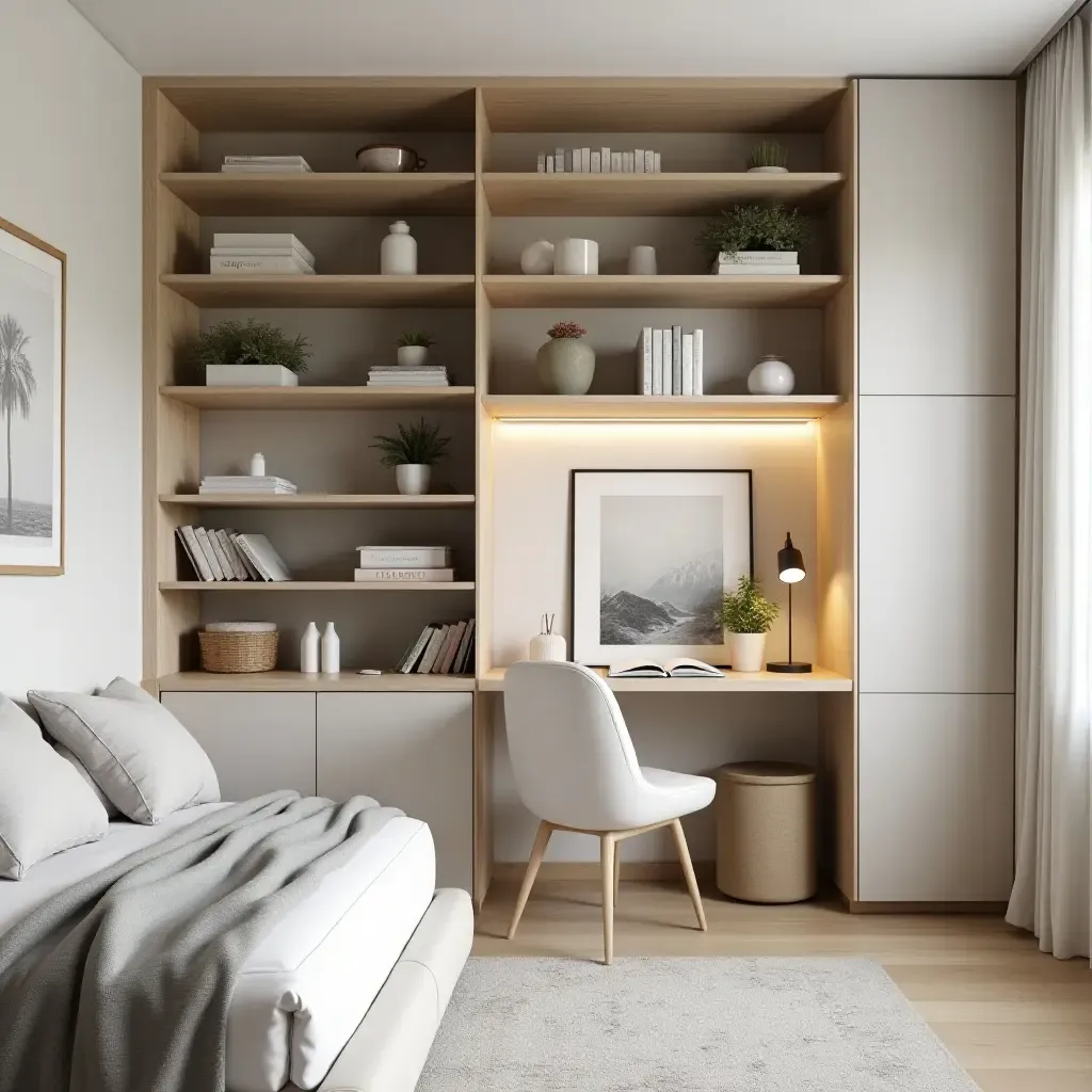 a photo of a functional bedroom with a desk nook and organized storage solutions