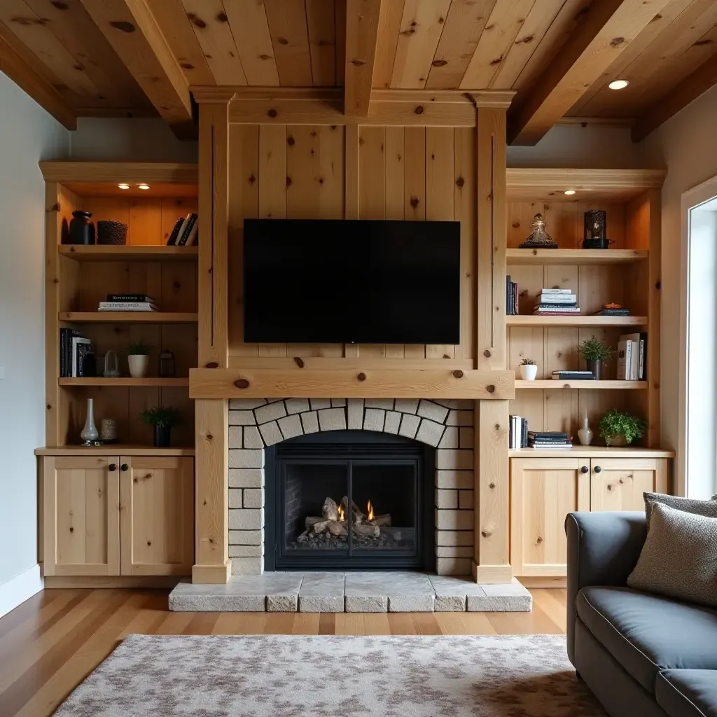 a photo of a rustic wooden fireplace surround with built-in shelves