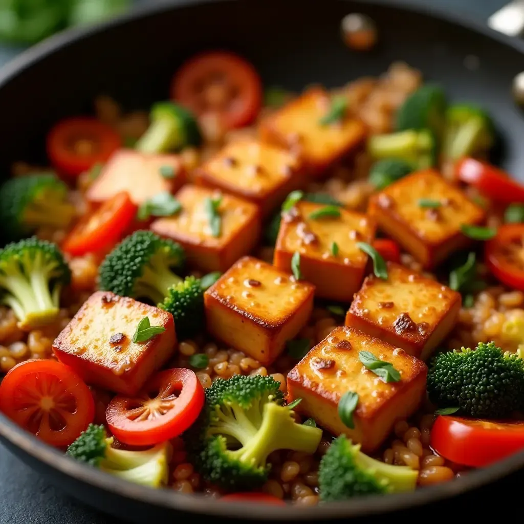 a photo of crispy tofu stir-fry with colorful vegetables in a wok.