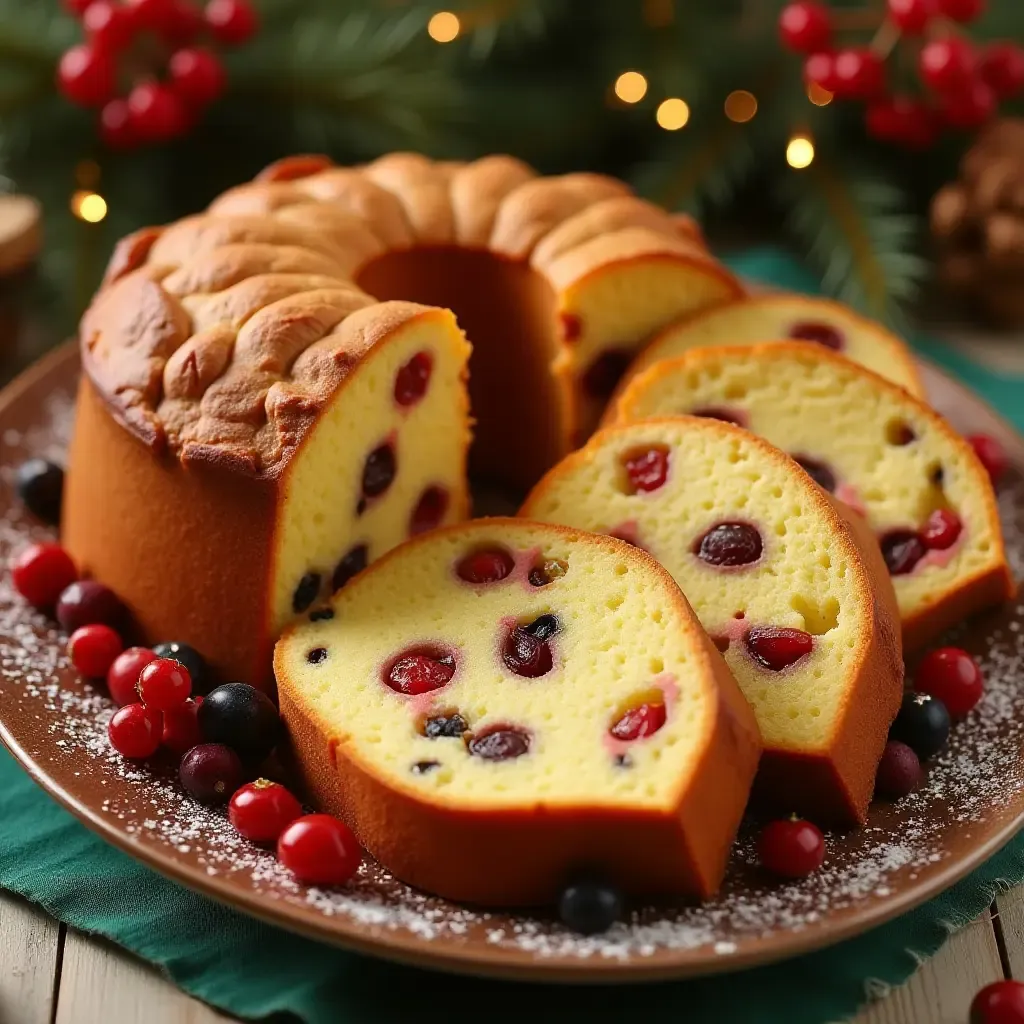 a photo of traditional panettone slices with candied fruits, displayed on a festive holiday platter.