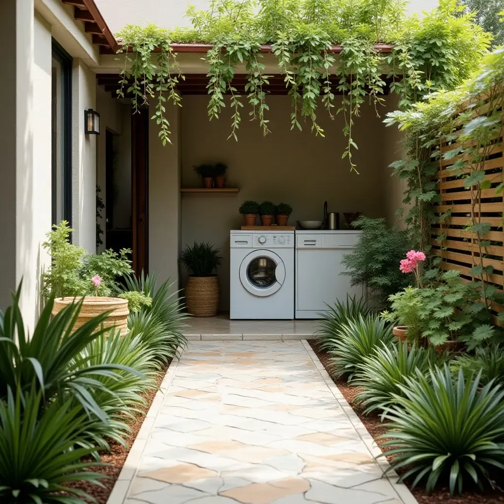 a photo of an outdoor laundry area with a charming tiled pathway and garden