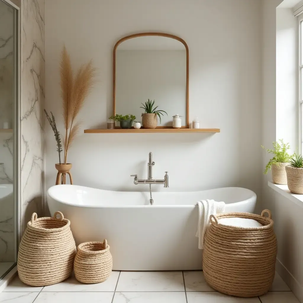 a photo of a cozy bathroom with woven baskets and natural fibers