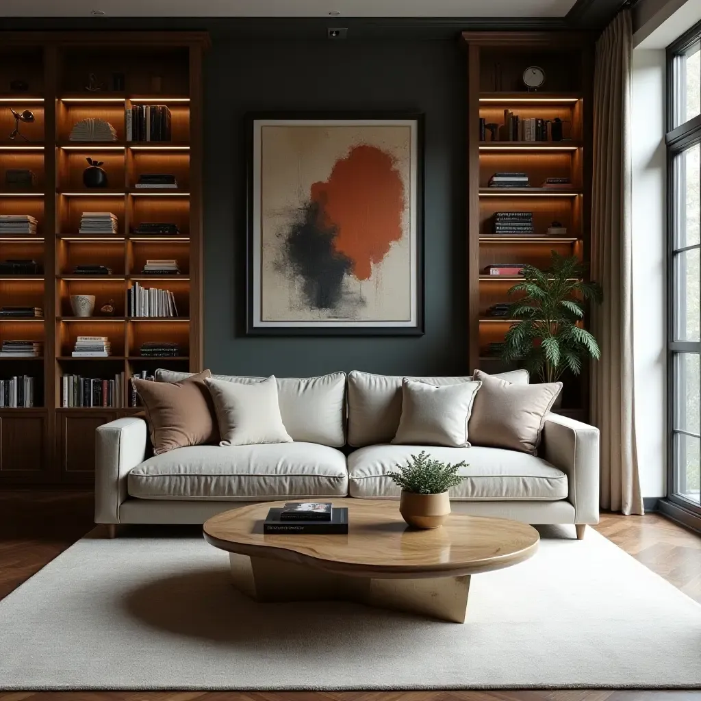 a photo of a stylish library featuring a unique coffee table and decorative art