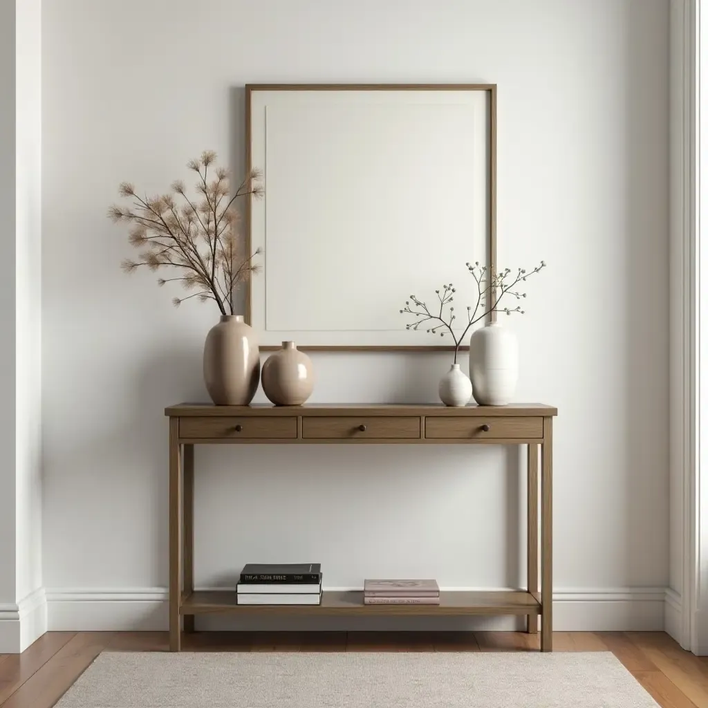 a photo of a chic console table with decorative items