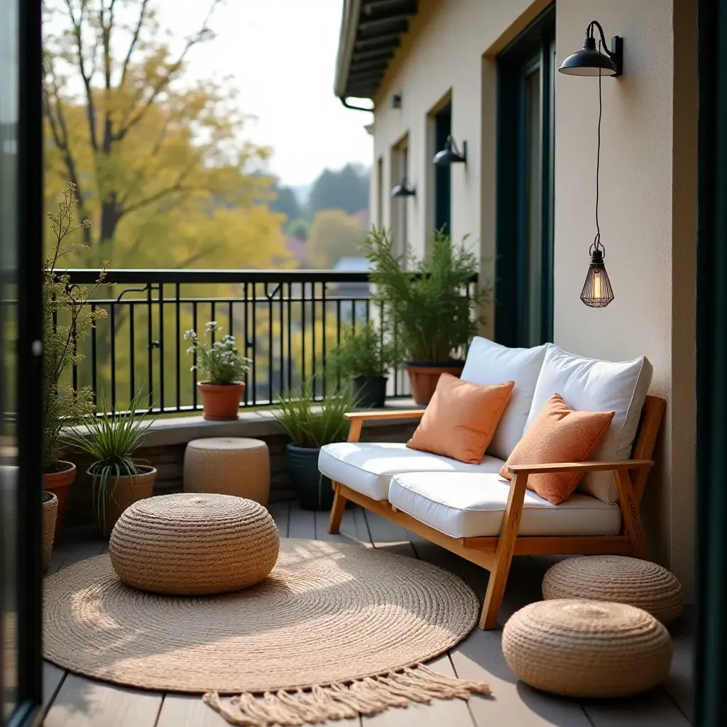 a photo of a balcony with a cozy outdoor rug and cushions