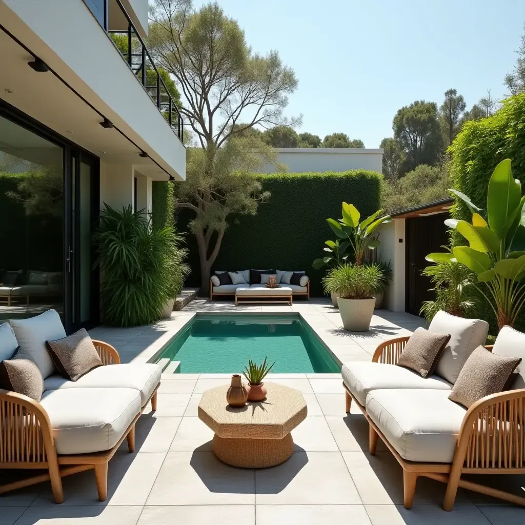 a photo of a modern poolside lounge with stylish furniture and vibrant plants