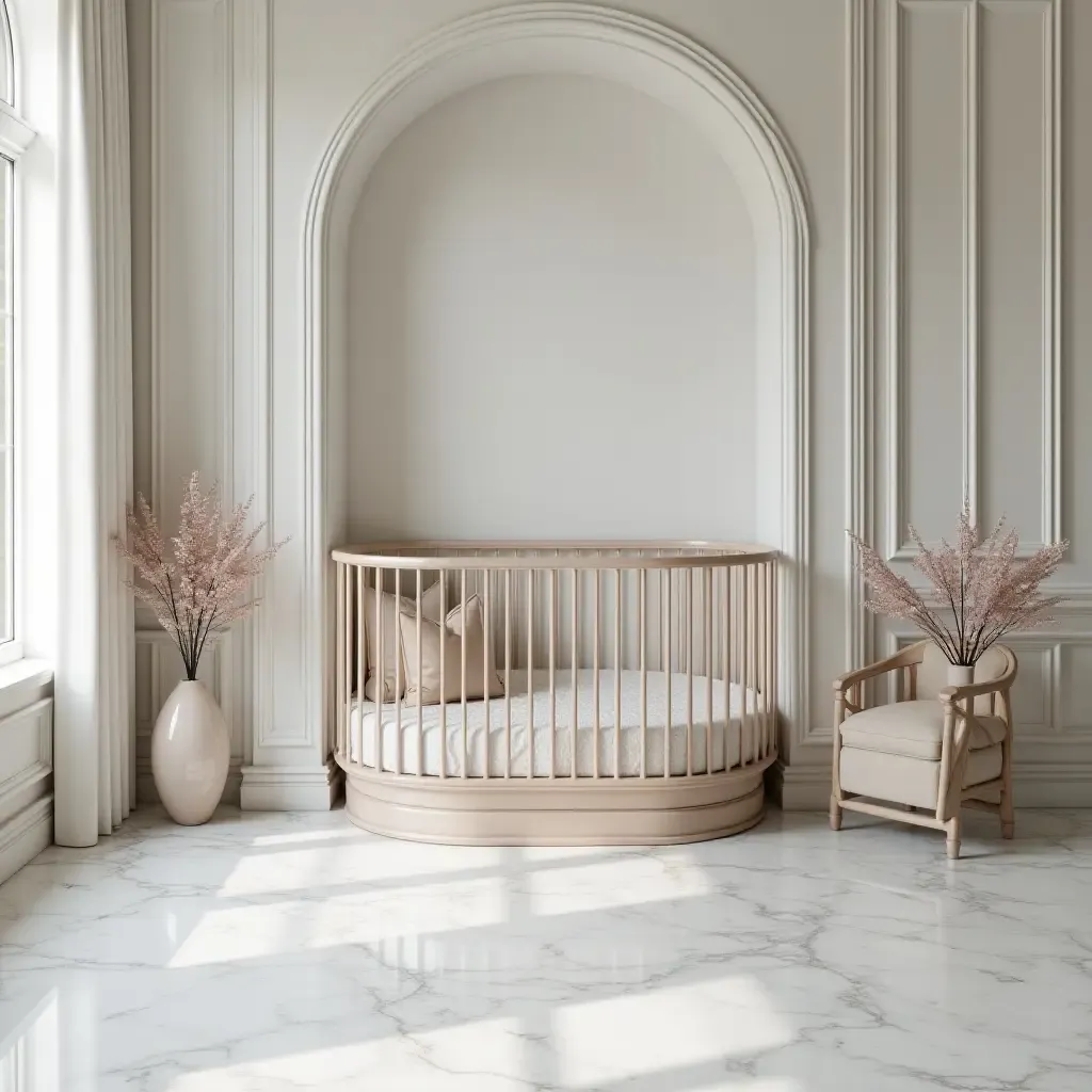 a photo of a luxurious nursery featuring marble flooring and elegant crib