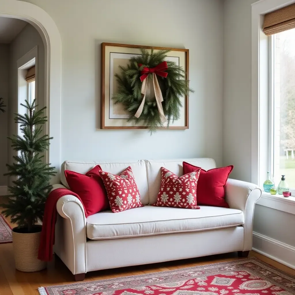 a photo of a festive entrance hall with holiday-themed throw pillows on a sofa