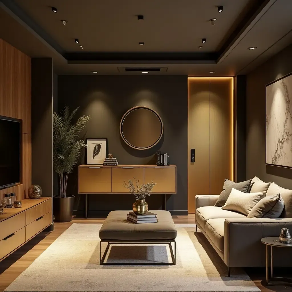 a photo of a basement with metallic gold accents on furniture